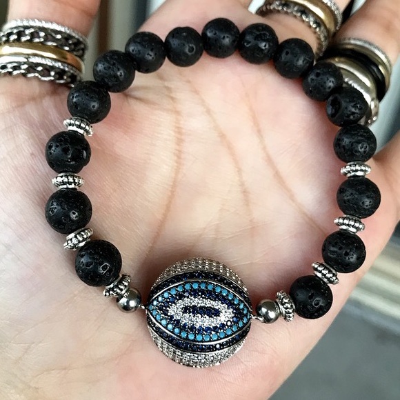 Evil eye bracelet . White gold plated cz charm & black Lava rock beads boho - Picture 2 of 11